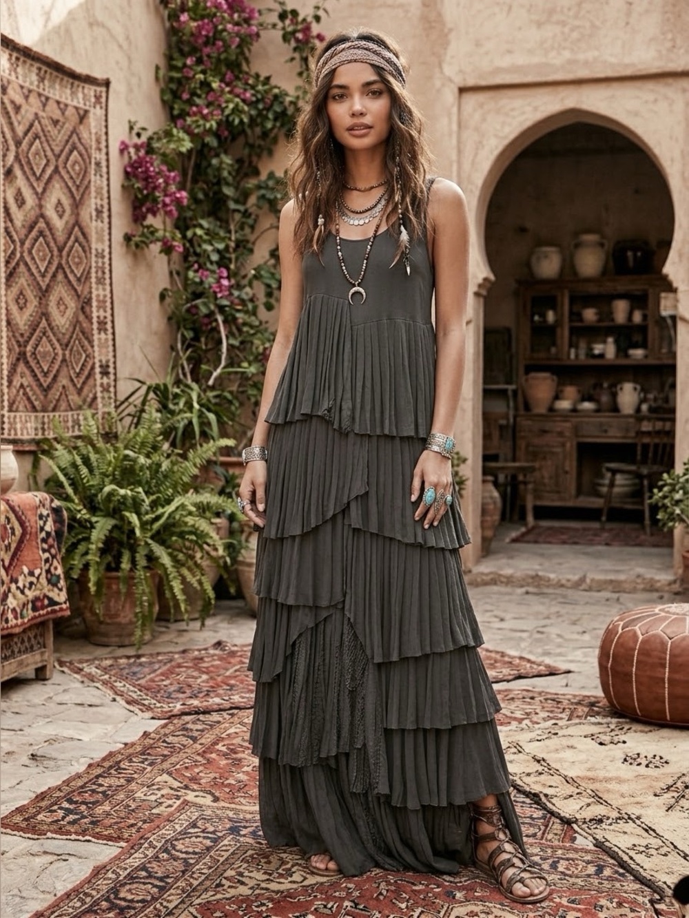 Vivienne Tam Ruffled Tiered Maxi Dress XS Gray Stretch Boho Gypsy Party Chic